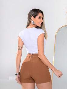 Women's Shorts Simple With Pocket And Fabric Belt, Zipper Holiday And Beach S779 - 銅色 - 查看 2