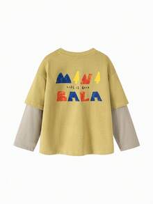 mini bala Boys Two-Layer Cotton Long Sleeve Tee Soft Breathable Stylish Casual Top - Khaki - View 5
