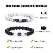 2pcs Classic Natural Stone Bracelet Set, White Turquoise Beaded Elastic Bracelet, Men's Stacking Bracelets, Casual & Party Accessories