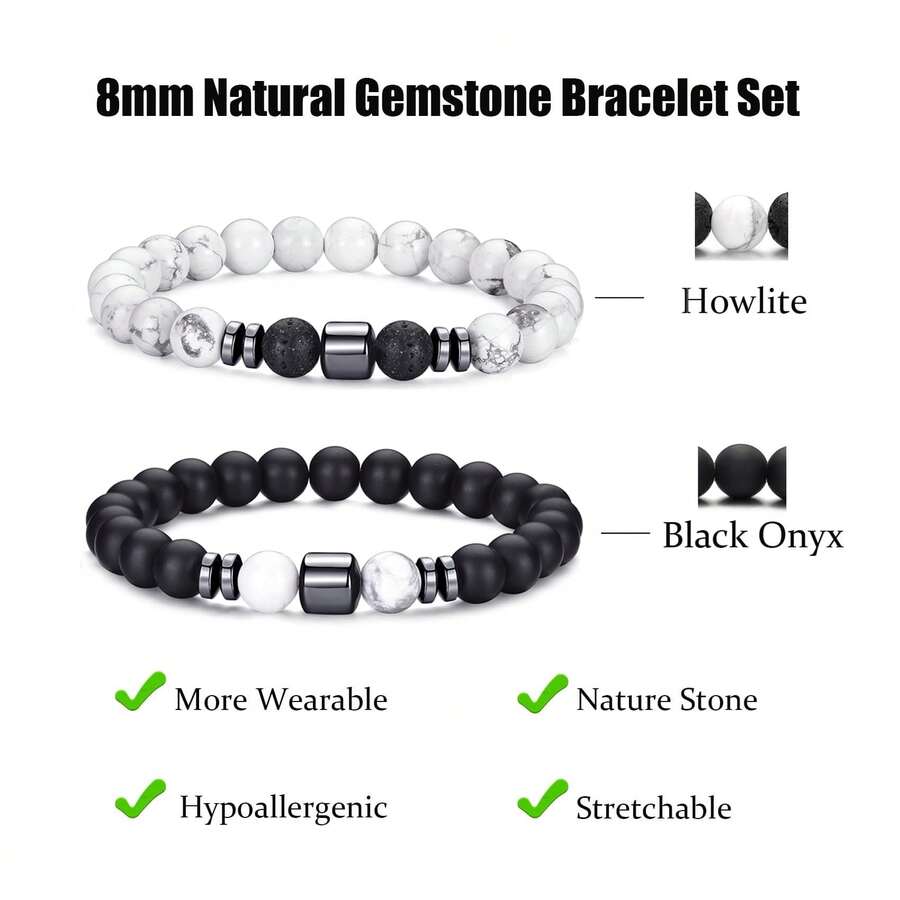 2pcs Classic Natural Stone Bracelet Set, White Turquoise Beaded Elastic Bracelet, Men's Stacking Bracelets, Casual & Party Accessories