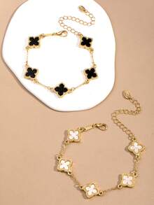 2pcs/Set Classic Black & White Four-Leaf Clover Design Bracelet Set