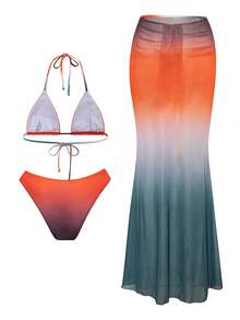 女士泳衣泳装女士沙滩装女比基尼套装3件套泳衣沙滩裙夏季海边女装沙滩休闲套装性感女泳装套装夏季度假 - 彩色 - 查看 3