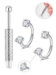 18G 2pcs Horseshoe Nose Studs, Incl. 1pc Taper Cone Ball Nose Stud, Stainless Steel Cubic Zirconia Nose Rings In White & Pink, Heart & Star Cubic Zirconia Lip/Eyebrow/Ear Studs, Unisex Gift