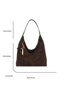 low tea 1件纯色绒面革皮革磁扣女士手提包单肩钱包手提包，真皮顶部提手，适合旅行、购物、约会、女士礼物、工作、商务、通勤（带吊坠肩带） - 咖啡棕 - 查看 3