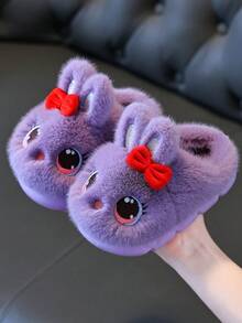 可爱卡通蝴蝶结兔子2025秋冬新款儿童保暖毛绒拖鞋时尚舒适软底家居拖鞋 - 紫色 - 查看 4