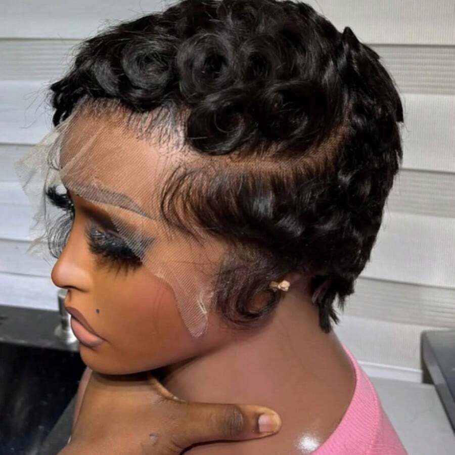 C Part Culry Lace Front Wig For Women Short Wig Human Hair Pre Plucked Pixie Cut Wig 13x4 Lace Wig With Baby Hair 1B Color 150% Density - SNatural - View 1