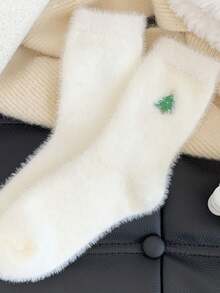 5pairs/1pair Autumn/Winter Women's Socks, White Faux Fur Christmas Socks With Snowman, Santa Claus, Christmas Tree Elements, Thick & Warm, Suitable For Christmas, Christmas Party, Christmas Decoration, Christmas Costume [Styles May Be Random]