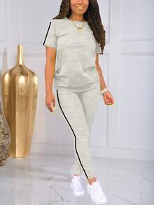 Set de 2 piezas Conjunto deportivo de verano con cuello redondo y manga corta a rayas de moda - Gris - Ver 3
