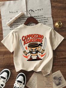 男孩和青少年休闲印花圆领短袖T恤，夏季上衣