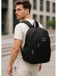 Mochila Nylon Impermeável Leve Resistente Design Moderno Espaçosa Cabe Notebook Tênis Roupa Conforto Estilo Top Masculina Feminina Trabalho Faculdade Escola Academia Treino Grande Viagem Versátil Compartimentos e bolsos Estilo Universitário Escritório Moda casual - Preto - Visão 3