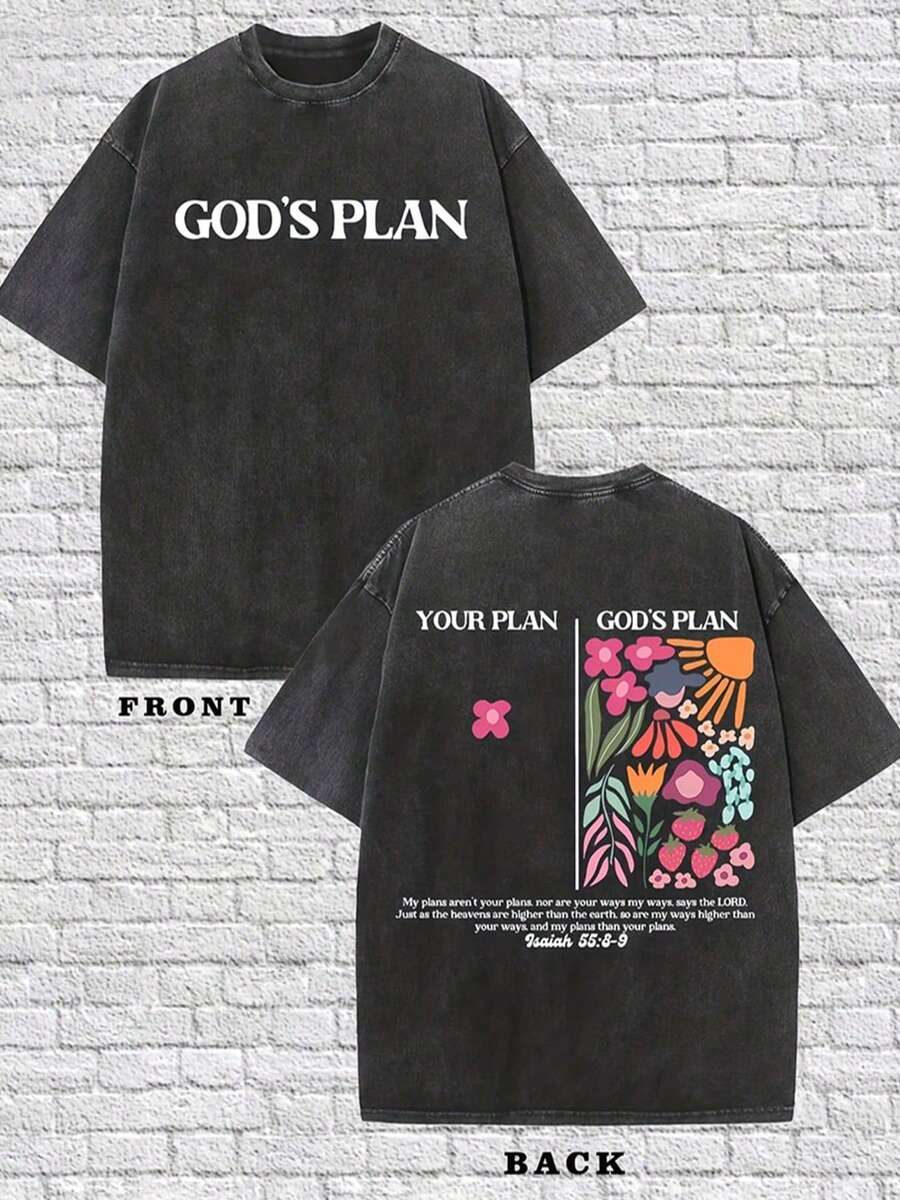 Men's Cotton T-Shirt. "GOD'S PLAN","YOUR PLAN", God's Plan Transcends Human Plans, Bible Verses (Isaiah 55:8-9), Religious Themed T-Shirts, Artistic Floral Illustration T-Shirts With Round Necks. Short Sleeve. Classic Style, Heat Transfer Printing Design, Spring And Autumn Casual T-Shirt. Double Sided Printed T-Shirt For Spring Casual Wear, Made Of Breathable Fabric......Classic Regular Short Sleeved, Fashionable And Cool Design, High-Quality Printing, Fashionable  T-Shirt, Women's Pattern T-Shirt, Fun Pattern T-Shirt, Men's Pattern T-Shirt, Casual Loose T-Shirt, 100% Cotton T-Shirt, Soft, Breathable And Comfortable, Washable T-Shirt, Casual Street Style T-Shirt, Suitable For All Seasons, Very Suitable For Casual Wear And Street Style. They Are Excellent Gifts For Family And Friends. - 黑色 - 查看 1