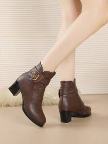 Cizme la modă pentru femei cu cataramă metalică, cizme din piele cu toc înalt și toc gros, maro, cu tijă scurtă, versatile, cu fermoar lateral antiderapant, toamnă/iarnă