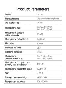 Lenovo Lenovo EA410-Clip-On Wireless Headphones, Lightweight And Comfortable To Wear, 24-Hour Battery Life, HiFi Stereo Sound, No Need To Fall Out During Exercise, Compatible With Laptops, Mobile Phones And Other Devices, Connect As Soon As You Take Them Out