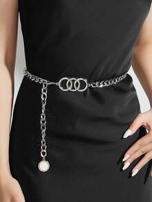 1pc Women Retro Minimalist Elegant Sexy Waist Chain, Three Circle Connected Decorative Chain Waistband, Suitable For Dresses, S, Casual Wear, Parties, Holiday, Weddings, Music Festivals, Birthday, Valentine's Day Gift For Friends, Family, Girlfriend Summer, School Fall, Autumn, Halloween - Silver - View 7