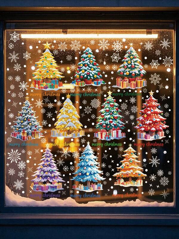 2/4/6/10pcs Christmas Window Clings, Colorful Snowy Landscape & Christmas Tree, Double-Sided Reusable, Winter Window Stickers Suitable For Holiday Christmas Party Home Window Glass Decor