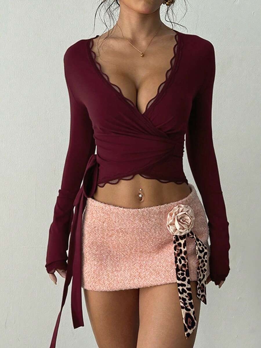 Women's Elegant Contrast Lace Tie Cuff Long Sleeve Blouse, Autumn - Wine Red - View 1