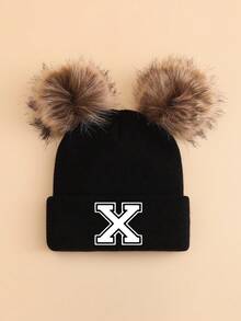 1 pieza Gorro de punto personalizado con letra A-Z para niños, gorro de punto suave y cómodo con doble pompón, adecuado para otoño/invierno, vuelta al colegio, cálido y a prueba de viento para niños y niñas