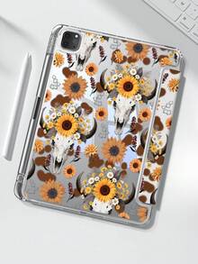 Una bellissima e carina custodia protettiva in acrilico trasparente con cristalli, dipinta a doppia faccia con un motivo floreale a girasole e testa di toro, antiurto, adatta per iPad di 7a, 8a e 10a generazione (10,2 pollici), con slot per la penna, supporta le funzioni di sospensione e riattivazione, ideale come regalo di Ognissanti o Capodanno.