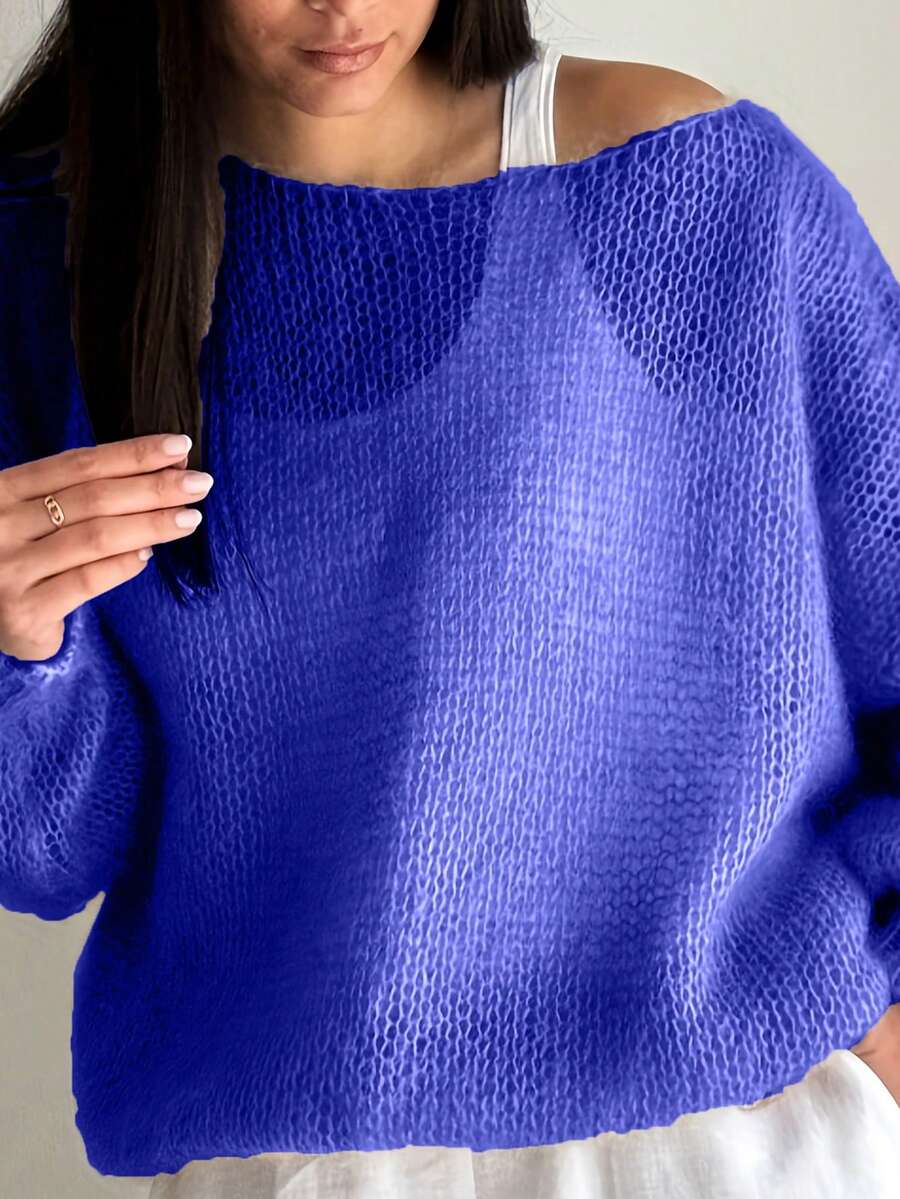 Solid Drop Shoulder Sweater - Dark Blue - View 1