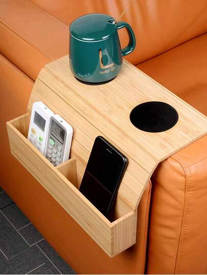 Vintage Bamboo Armrest Sofa Tray With Cup Holder - Flexible Foldable Sofa Tray Couch Arm, Perfect For Drinks Snacks Remote Control Or Phone, Great Arm Tray For Couch Armrest Bamboo With Box, For Dining And Relaxation 1PC