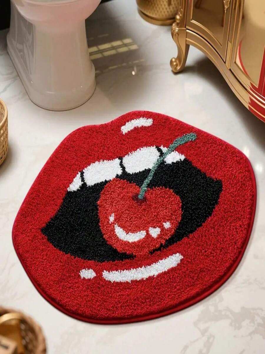 1 pieza Nuevo cojín decorativo de lana sintética con forma asimétrica de labios rojos grandes comiendo una cereza, 1200g/m², diseño creativo de labios de cereza, alfombra de piso adecuada para sala de estar, dormitorio, interior, lavable a máquina - Material de lana sintética suave, amigable con la piel, anti-pelusas, resistente al agua, inodoro, ideal para decoración del hogar, decoración de habitaciones, alfombra de sala de estar
