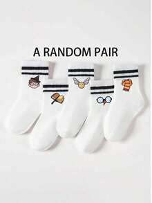 5/1 Pair Harry Potter Pattern Kids Mid-Calf Socks, Black & White Stripes, Cute Cartoon Harry Potter Design, Fashion Casual Comfortable Breathable Student Socks, Suitable For Daily Wear, Back To School, Holiday Gifts