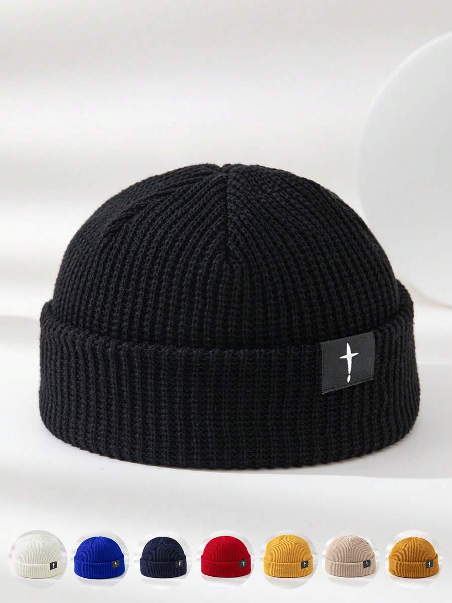 MAKEFGE 1pc Unisex Outdoor Autumn/Winter Casual Warm Personalized Cross Patch Soft Comfortable Elastic Beanie Knit Hat Skull Cap Pullover Hat Suitable For Daily Wear - B - View 1