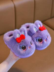 可爱卡通蝴蝶结兔子2025秋冬新款儿童保暖毛绒拖鞋时尚舒适软底家居拖鞋 - 紫色 - 查看 5