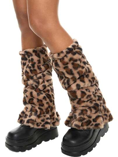 Women's Leopard Print Fuzzy Leg Warmers Y2k Punk Long Boot Cuffs Socks