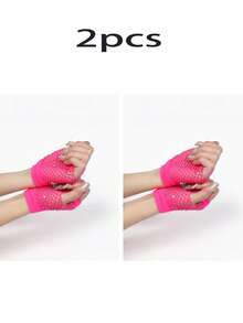 1 Pair Rhinestone Mesh Decor Fuchsia Party Gloves