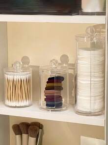 1 pièce Boîte de rangement transparente pour coussinets de maquillage, bocal de rangement avec couvercle, rangement pour outils de nettoyage du visage, support de rangement pour coton démaquillant sur le bureau, accessoires de rangement pour la coiffeuse, accessoires de salle de bain