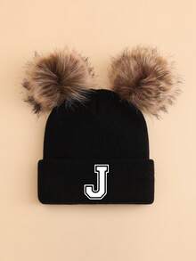 1 pieza Gorro de punto personalizado con letra A-Z para niños, gorro de punto suave y cómodo con doble pompón, adecuado para otoño/invierno, vuelta al colegio, cálido y a prueba de viento para niños y niñas