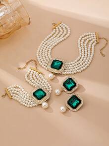 4 Peças Conjunto de Colar, Brincos e Pulseira Luxuosos e Exagerados com Multicamadas de Pérolas Falsas, Strass e Cristais Embutidos, Adequado para Casamento, Festa e Presentes de Feriado para Mulheres - Multicolorido - Visão 3