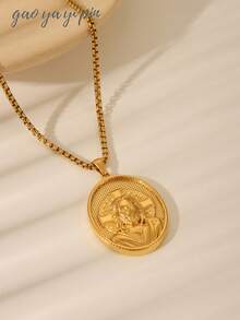 1pc 18K Gold Plated Vintage Oval Virgin Mary Christian Cross Stainless Steel Pendant Necklace, Suitable For Men, Women, Couples For Daily Wear And Christian Holiday Gifts