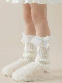 5 Pairs Kids Solid Color Lace Ruffle Bow Decorated Leg Warmers, Ribbed Knit Cuffs, Fashion Suitable For Autumn/Winter