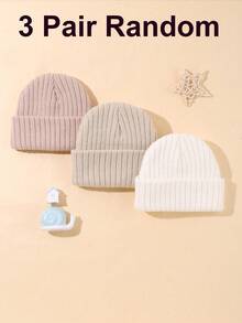 三件套婴儿纯色秋冬针织帽，米色调，保暖舒适，男女宝宝均适用。婴儿帽，/感恩节礼物 - 彩色 - 查看 7