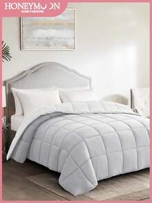 1pc White & Light Gray Quilted Comforter, Reversible, Grid Stitching, Warm & Soft, Fluffy, Suitable For Winter, Down Alternative, Machine Washable, Oeko-Tex Certified - White - View 3