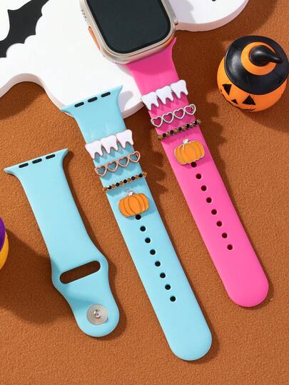4pcs Decorative Halloween Pumpkin And Tooth With Heart Terrible Style Festival Jewelry Apple Nail And Ring Loop Jewelry With Apple Watch Band 40mm 41mm 42mm 38mm 44mm 45mm 46mm 49mm, Soft Silicone Sport Flowers Bands With Decorative Compatible With Apple Watch Charms For Series 10 9 8 7 6 5 4 3 2 1 SE For Women