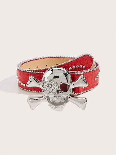 1pc Goth Y2K Faux Crocodile Skin Textured Black & Red PU Leather Belt With Silver Studded Wave Design, Unisex. Pirate Skull With Rhinestone Embellished Buckle, Suitable For S, Casual Pants, Halloween Costumes, Coats, Halloween Street Style, Halloween Party, Daily Wear, Holiday Party, Can Be Used As Halloween Gift