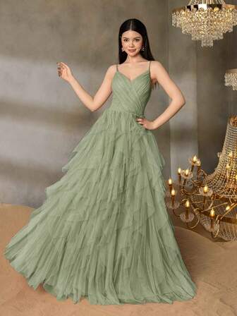 Alisa&Leo 优雅细肩带青少年礼服，搭配结构紧身胸衣和多层薄纱 A 字裙 - 适合舞会、毕业典礼、返校舞会、晚宴和选美活动的永恒设计