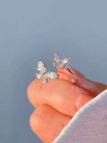 BALMORA 1 pezzo Anello regolabile in argento sterling 925 elegante, carino e brillante con due farfalle in zirconia, gioiello da donna per uso quotidiano, amicizia, compleanno e feste