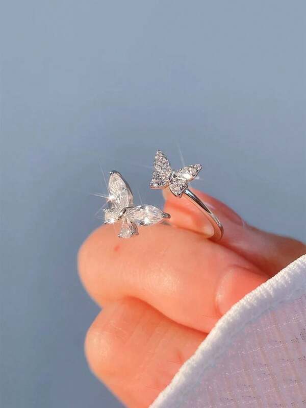 BALMORA 1 pezzo Anello regolabile in argento sterling 925 elegante, carino e brillante con due farfalle in zirconia, gioiello da donna per uso quotidiano, amicizia, compleanno e feste
