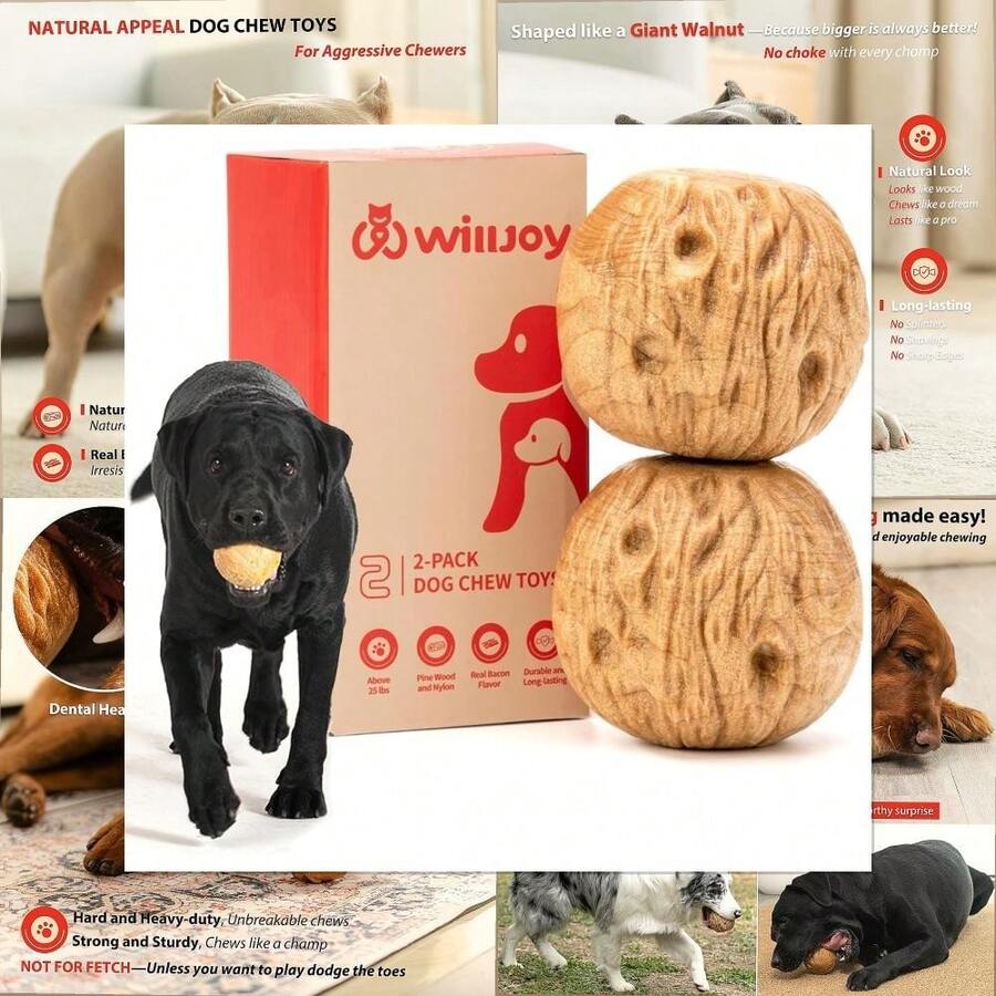 Willjoy Dog Chew Toys For Aggressive Chewers, Tough Dog Toys For Aggressive Chewers, Pine Wood And Nylon Indestructible Dog Toy, Bacon Flavor Large Dog Toys To Keep Them Busy - 2個裝 RollBalls - 查看 1