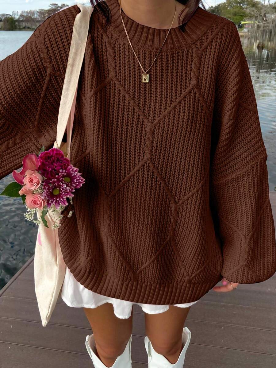 Women's Loose Solid Color Long Sleeve Thick Knit Sweater, Crew Neck Warm Pullover Sweater, Suitable For Casual Daily Wear In Autumn And Winter - Coffee Brown - View 1