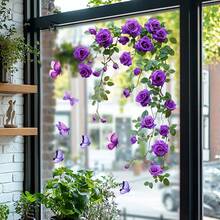 Autocolant autoadeziv cu trandafir violet și fluture pentru sticlă, autocolant floral detașabil pentru casă, baie, decorare fereastră, decor de perete, decor cameră, autocolante de perete, autocolante de perete, decor pentru casă