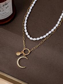 1pc Elegant Faux Pearl Sun & Moon Pendant Double Strand Necklace, Suitable For Women's Party, Festival And Daily Wear - Imitation Pearl Moon and Sun Pendant - View 3