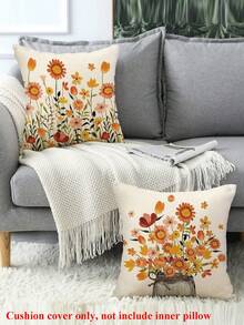 4pcs Orange Floral Pattern Cushion Covers, Single-Sided Printing, Square Pillow Covers For Living Room Sofa Bedroom, Suitable For Spring/Summer Farmhouse Decor, Applicable For All Seasons