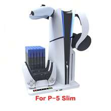 iplay Multifunctional Charging Cooling Stand For P-5 Slim Playstation5-Slim Charging Dock With Cooling Fan And Controller Charger Include 6pcs Game Storage And 2 Storage Hooks