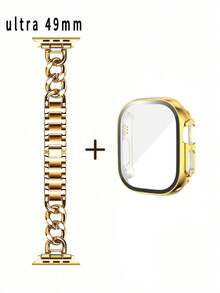 1pc Gold Hollow Chain Bracelet Wristband Metal Band & Gold Protective Case With Screen Protector For Apple Watch Ultra 3/2/1, SE, S10-S1, 38mm/40mm/41mm/42mm/44mm/45mm/46mm/49mm, Suitable For Men And Women, Elegant Gift