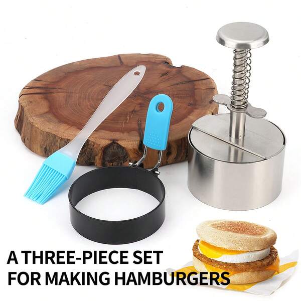 Zestaw 3 szt./zestaw ze stali nierdzewnej do robienia kotletów z hamburgerów, patelnia do jajek z powłoką zapobiegającą przywieraniu i pędzelek do oleju – zestaw narzędzi do robienia hamburgerów
